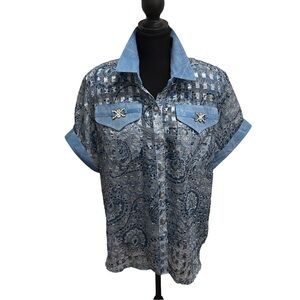 Vintage Mesmerize Sheer Blue Paisley Button Down Shirt with Rhinestone Details